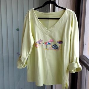 Bealls French Terry Wide V-Neck Beach Umbrellas Graphic, 100% Cotton Top.